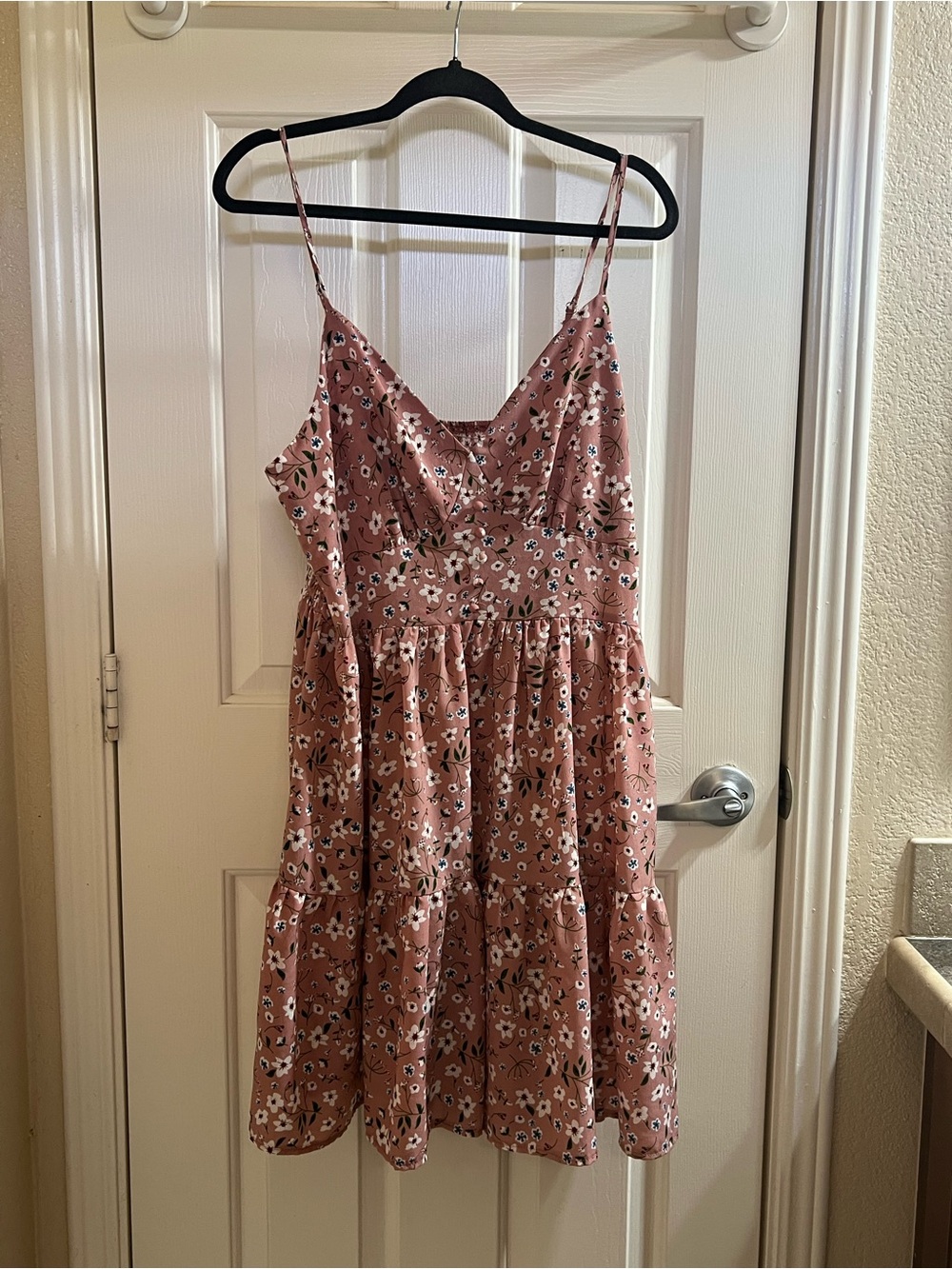 SHEIN Dusty Rose Floral Tiered Spaghetti-Strap Sundress